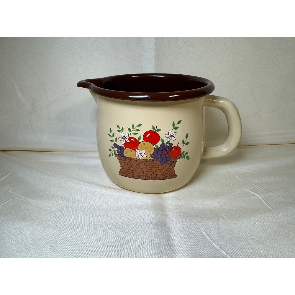FTD Vintage Fruit Basket Pitcher Creamer Brown Rim Cream Enamelwear